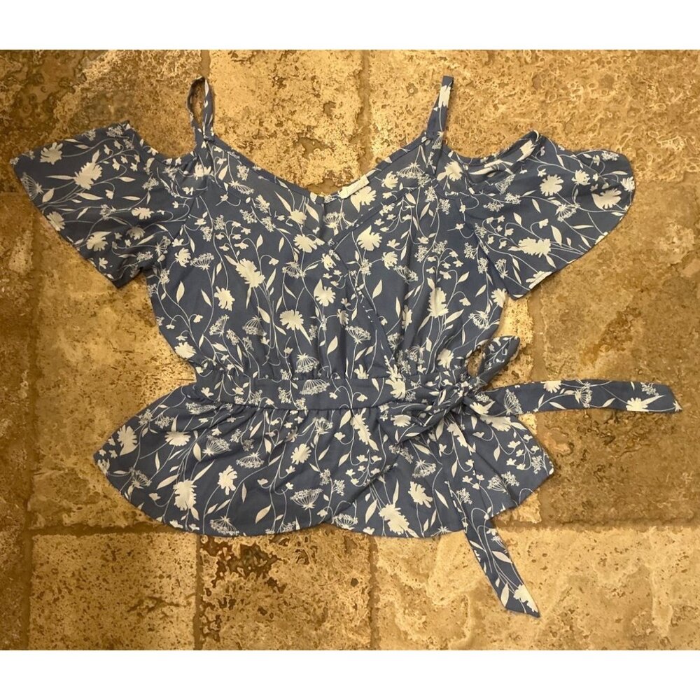 Sienna Sky Blue Floral Cold Shoulder Tie Waist Top - M